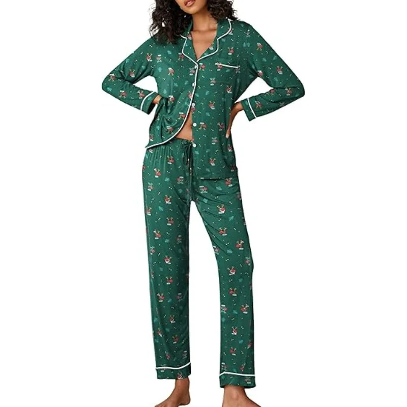 women's short sleeve pajama setsChristmas Theme Button Down Long Sleeve Lounge Set