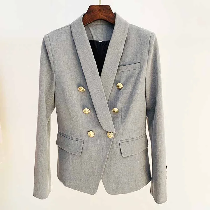 Women's Trench CoatsWomen's Metal Lion Buttons Fitted Shawl Collar Grey Blazer Jacket