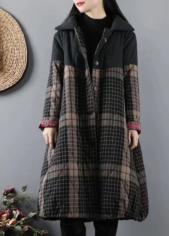 Women's Button-Up CoatsBlackish Green Pockets Plaid Patchwork Fine Cotton Filled Coats Winter