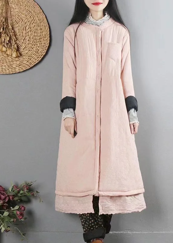 Women's Coats with Fur TrimHandmade Pink Pockets Patchwork Fine Cotton Filled Coats Winter