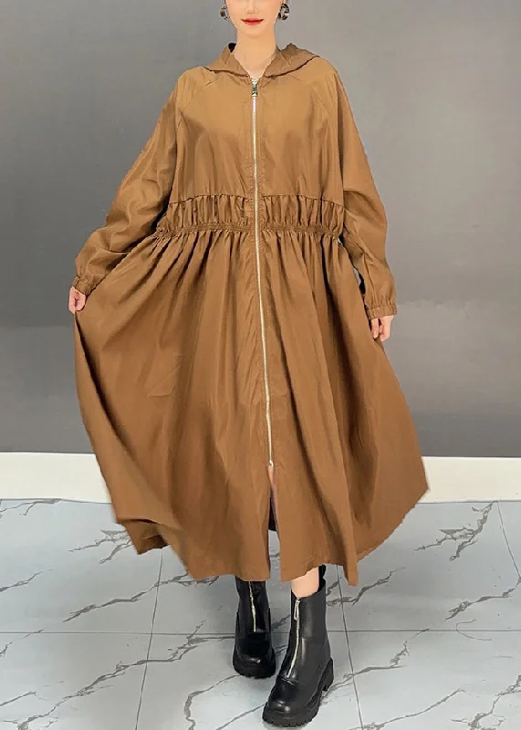 Women's Coats with Fur Trimmed BeltLoose Chocolate Cinched Zippered Pockets Hooded Long Trench Coat Spring