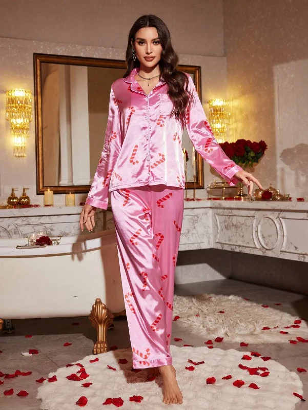 women's pajamas with a charming, vintage aestheticChristmas Candy Cane Printed Pajamas Set