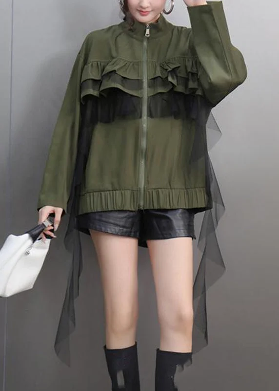 Women's Winter CoatsUnique Army Green Turtleneck Ruffled Patchwork Zippered Tulle Coats Spring