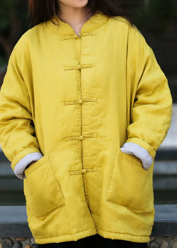 Women's Leather CoatsModern Yellow Stand Collar Oversized Fine Cotton Filled Coats Winter