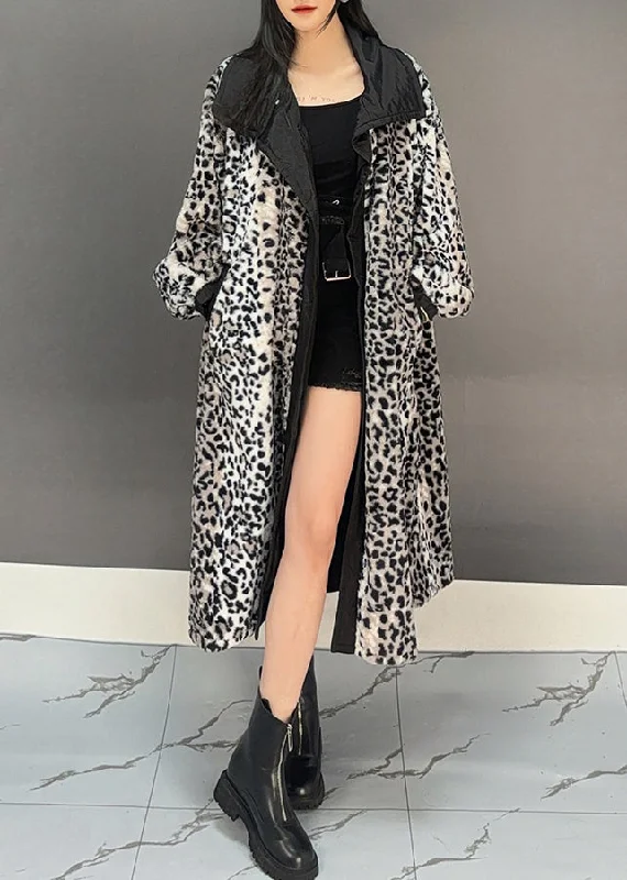 Women's Coats with Fur Trimmed PocketsBoho Dark Grey Leopard Patchwork Pockets Long Trench Coat Spring