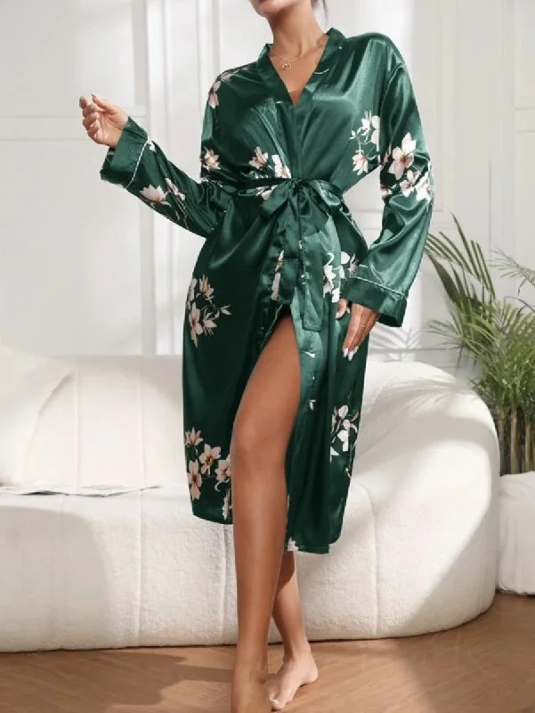 women's pajamas for those who seek ultimate relaxationFlower Printed Belted Satin Robe