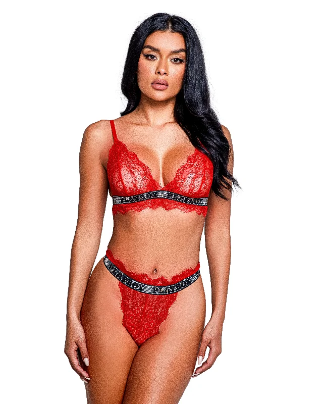 convertible plunge bra with lace trimRoma Confidential Playboy Rhinestone Starlet Lace Bralette Bra Set Red