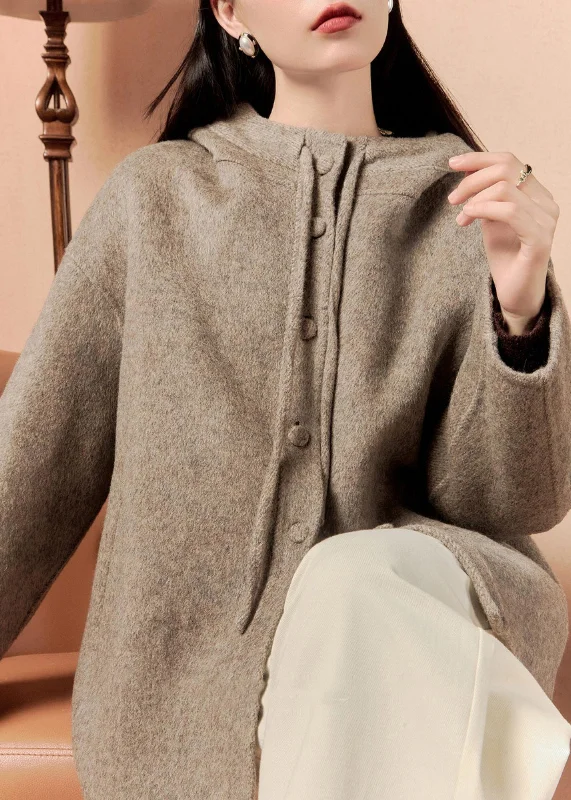 Women's Coats with Fur Trimmed BeltLoose Smoky Gray Hooded Button Pockets Woolen Coat Winter