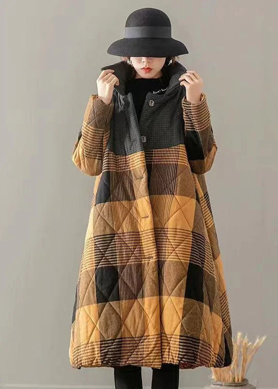 Women's Coats with Fur Trimmed BeltYellow Pockets Plaid Patchwork Fine Cotton Filled Coats Button Winter