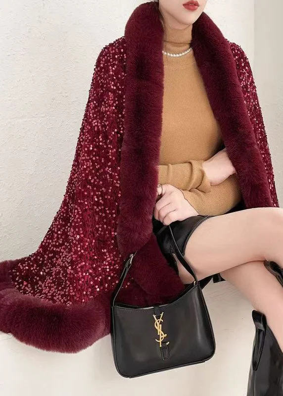 Women's Windbreaker CoatsChic Red Fur Collar Sequins Warm Fleece Cape Coat Winter