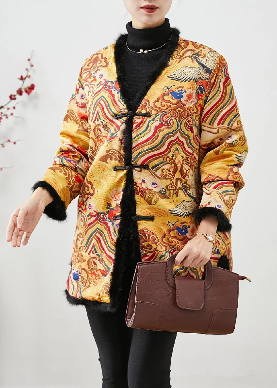 Women's Coats with PocketsChinese Style Yellow Print Patchwork Mink Hair Fine Cotton Filled Coats Winter