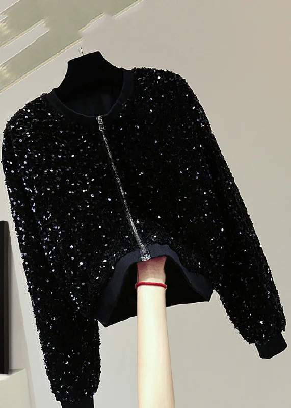 Women's Coats with ButtonsStylish Black O-Neck Patchwork Sequins Silk Velvet Coat Spring