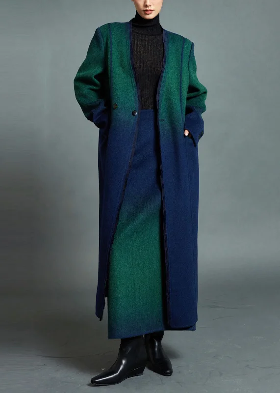 Women's Coats with CollarBoutique Blue Green Gradient V Neck Button Woolen Coats Winter