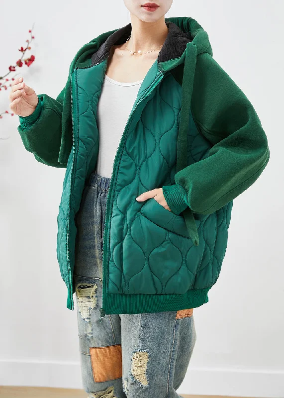 Women's Coats with Fur LiningHandmade Green Hooded Patchwork Fine Cotton Filled Puffer Jacket Winter