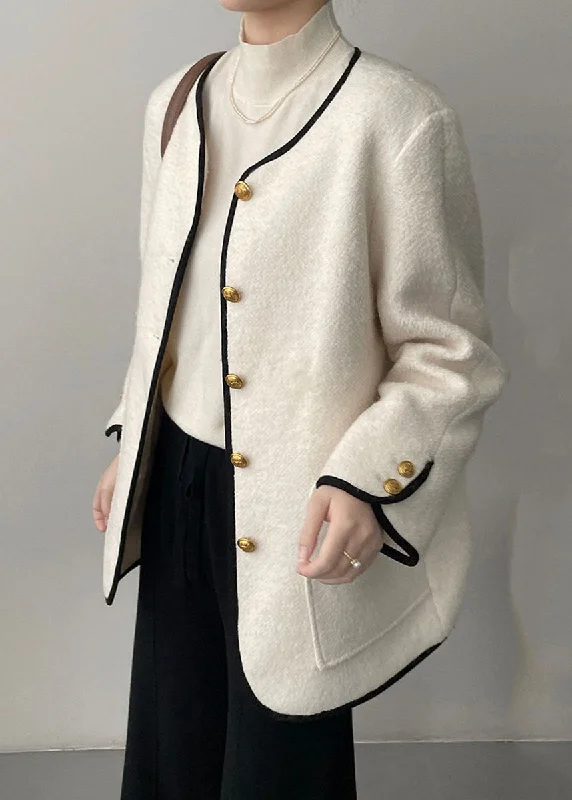 Women's Coats with Fur Trimmed HoodElegant White Pockets Patchwork Woolen Coat Long Sleeve