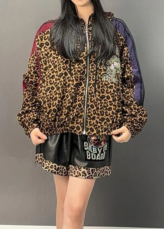 Women's Coats with Fur Trimmed ZipperCasual Leopard Patchwork Zippered Hoodies Coats Spring