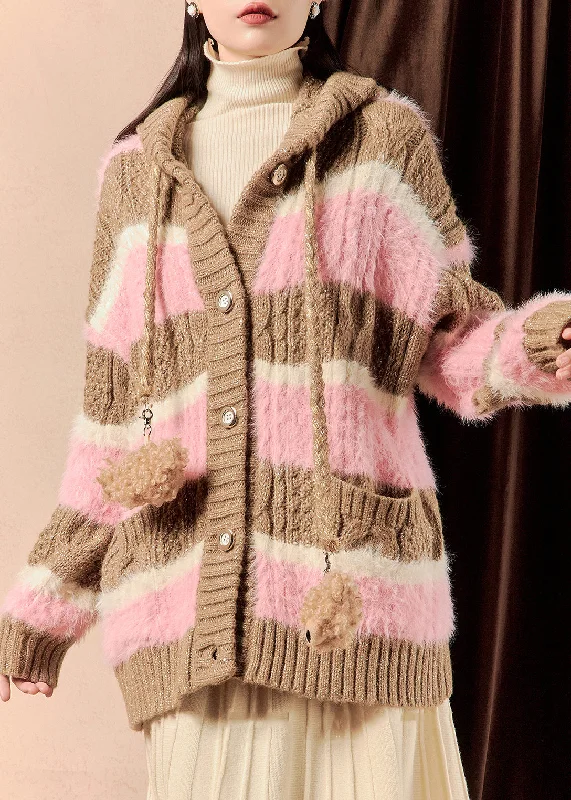 Women's Bomber CoatsLoose Pink Hooded Striped Button Cotton Knit Coats Winter