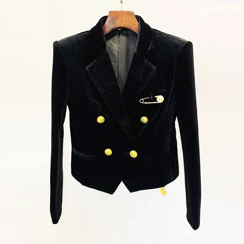 Women's Coats with CollarWomen Golden Lion Buttons Big Pin Brooch Velvet Quilted Jacket Short Fitted Blazer Black