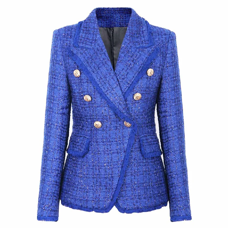 Women's Duffle CoatsWomen Tassel Fringe Trim Metal Lion Buttons Golden Checked Tweed Blazer Jacket Royal Blue