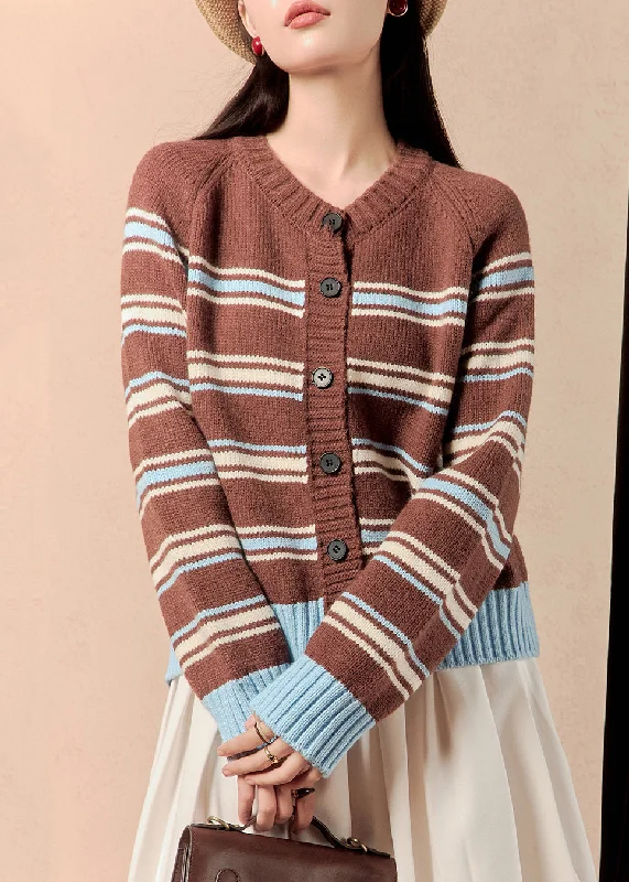 Women's Coats with Fur Trimmed SleevesNew Coffee Striped Button Knit Coats Winter