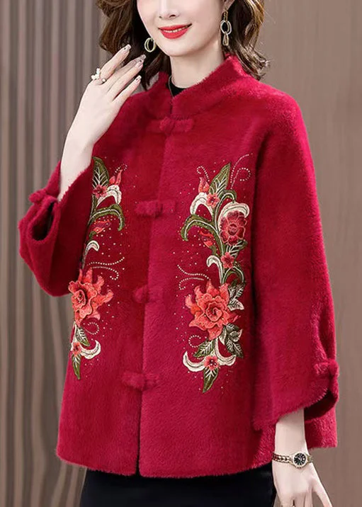 Women's Coats with Fur Trimmed SleevesLoose Wine Red Embroidered Button Mink Velvet Coats Spring