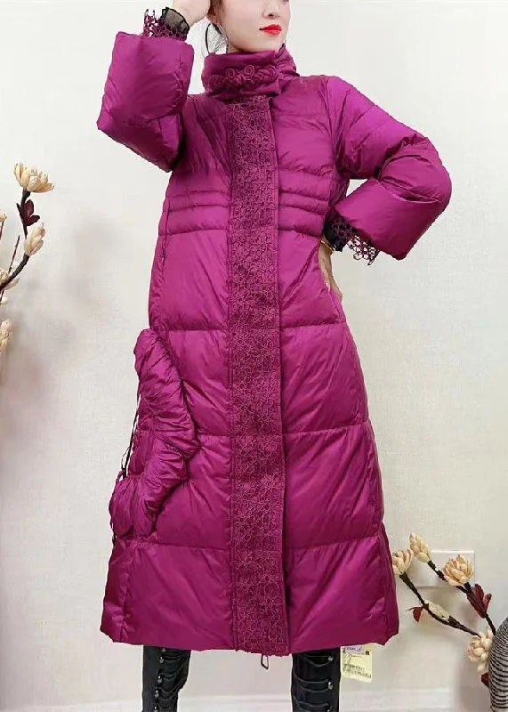 Stylish Women's CoatsFrench Rose Zippered Lace Patchwork Duck Down Long Coat Winter