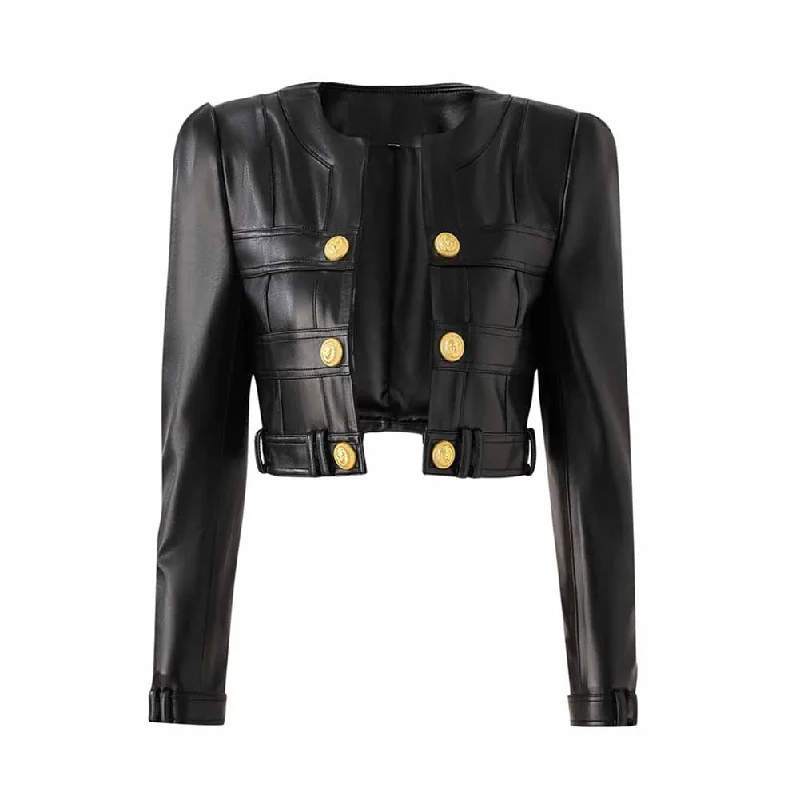 Women's Coats with PocketsWomen's Fitted Faux Leather Golden Lion Buttons Short Crop Jacket