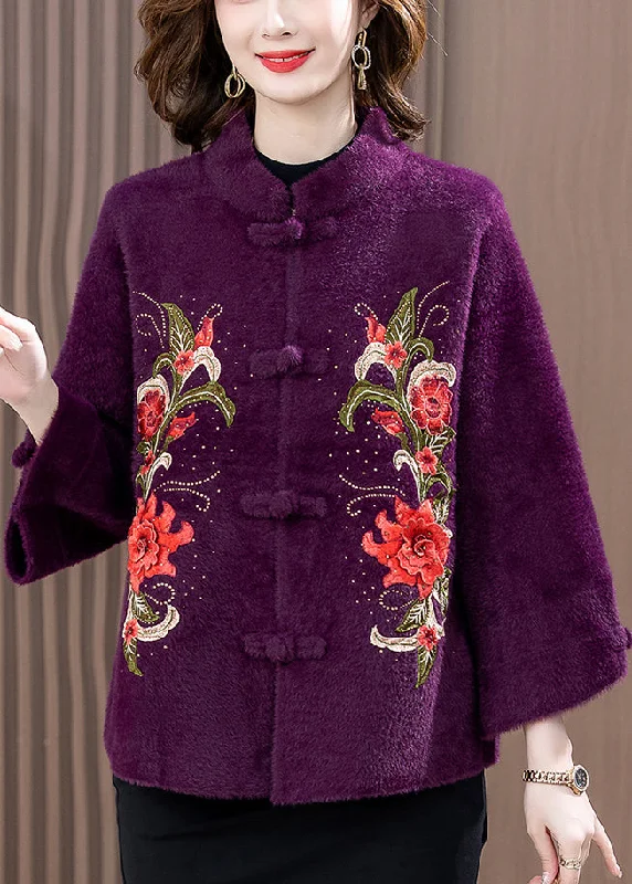 Women's Coats with Fur Trimmed ButtonsPurple Zircon Embroidered Mink Velvet Spring Coat Stand Collar