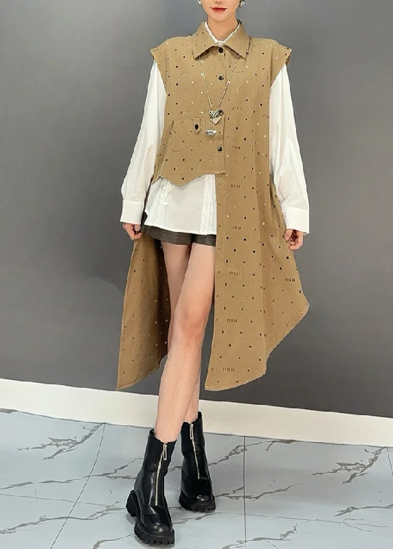 Women's Button-Up CoatsUnique Khaki Asymmetrical Patchwork Graphic Dot Maxi Waistcoat Dresses Spring