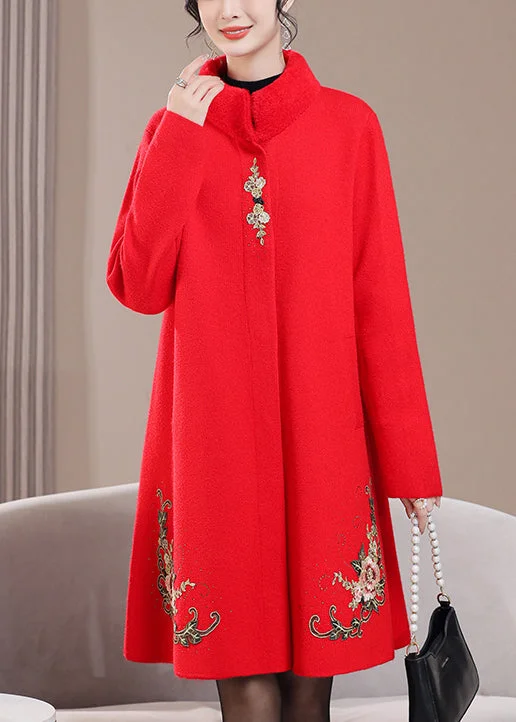 Women's Zip-Up CoatsRed Pockets Zircon Wool Spring Coats Stand Collar