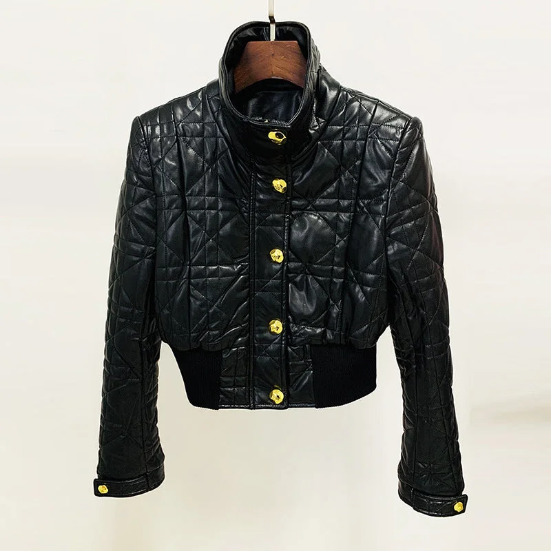 Women's Coats with Fur Trimmed PocketsWomen's Luxury Faux Leather Quilted Short Crop Bomber Jacket Coat Black