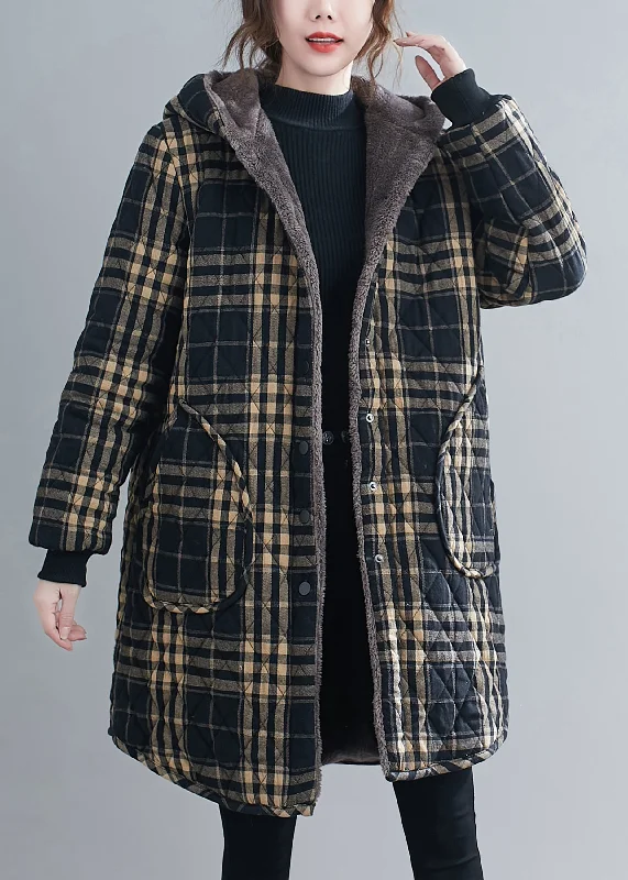 Women's Button-Up CoatsLoose Black Plaid Hooded Pockets Warm Fleece Parka Winter