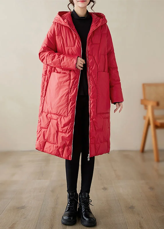 Women's Hooded CoatsPlus Size Red Hooded Pockets Fine Cotton Filled Coat Winter