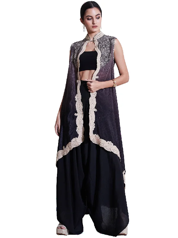 eco-friendly straw hatsRitu Kumar Beige & Black Embroidered Cape with Trouser