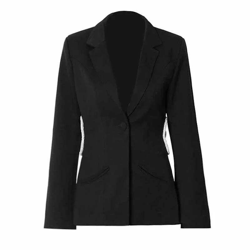 Women's Coats with Fur Trimmed ButtonsWomen White and Black Fitted Heavy Industry Hollow Out Blazer One Button Jacket