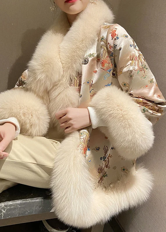 Women's Coats with Fur TrimChinese Style Beige Fox Collar Print Nail Bead Leather And Fur Coats Winter