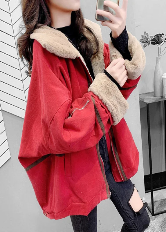 Women's Button-Up CoatsLoose Red Peter Pan Collar Zippered Warm Fleece Parka Winter