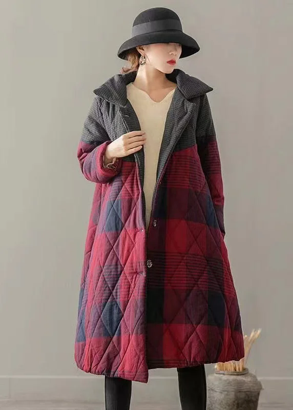 Women's Coats with Fur Trimmed PocketsVintage Red Pockets Plaid Patchwork Fine Cotton Filled Coats Winter