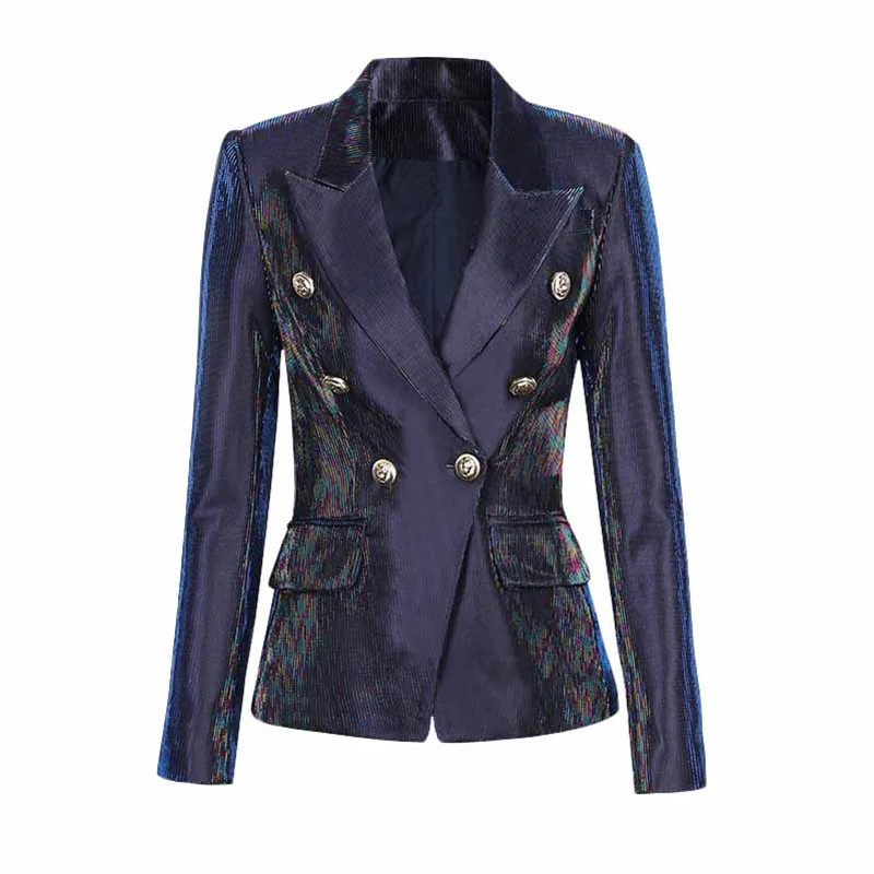 Women's Coats with Fur LiningWomen Sequins Dark Blue Blazer Long Sleeve Double breasted Party Jacket