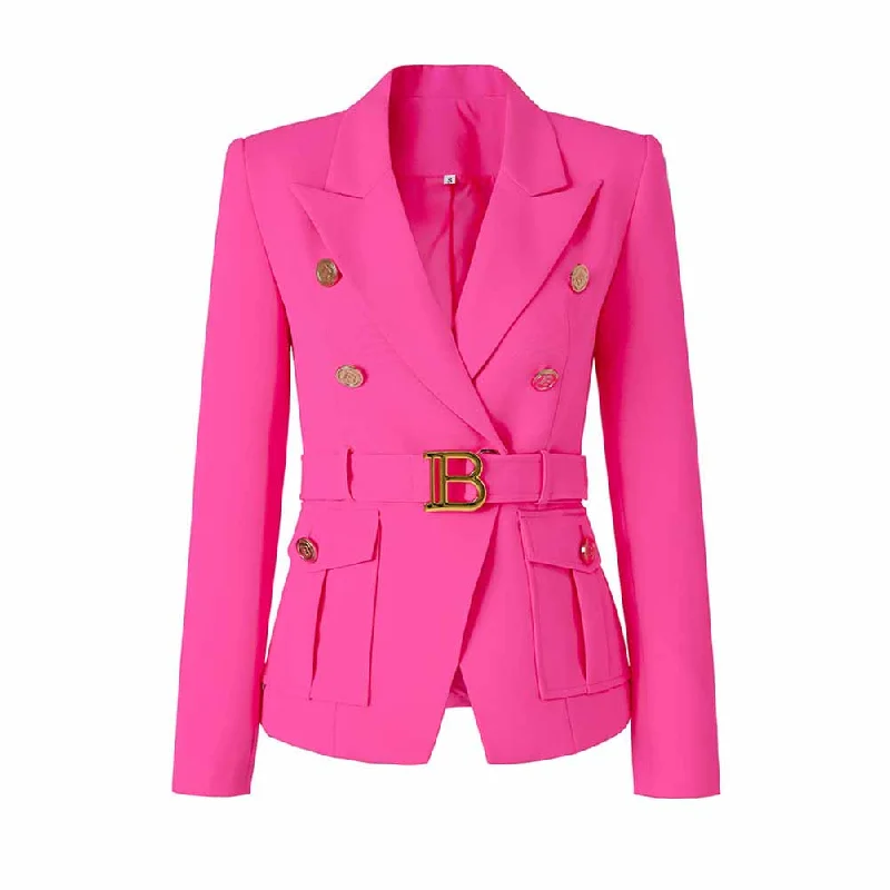 Women's Duffle CoatsWomen's Luxury Fitted Hot Pink Blazer Golden Lion Buttons Coat Belted Jacket