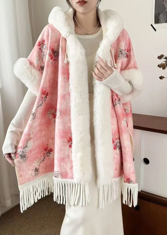 Women's Coats with HoodNew Pink Hooded Tasseled Patchwork Warm Fleece Coats Half Sleeve