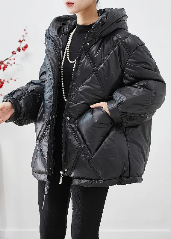 Women's Coats with PocketsCasual Black Oversized Drawstring Fine Cotton Filled Witner Jacket