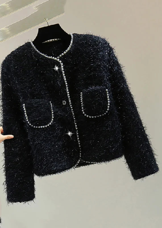 Women's Coats with BeltClassy Black O-Neck Pockets Patchwork Nail Bead Coats Winter