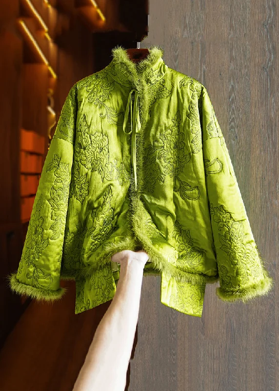 Women's Rain CoatsPlus Size Green Lace Up Mink Hair Patchwork Silk Parka Winter