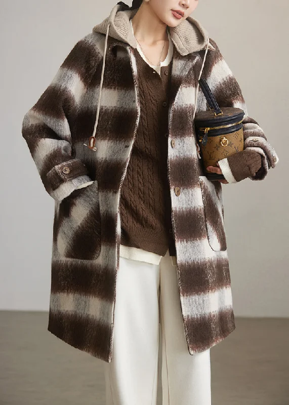 Women's Coats with Fur Trimmed HoodChic Coffee Plaid Hooded Patchwork Woolen Coats Spring