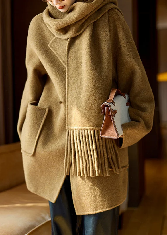 Women's Coats with Fur Trimmed ButtonsLoose Fallen Leaves Yellow Scarf Button Pockets Woolen Coats Spring