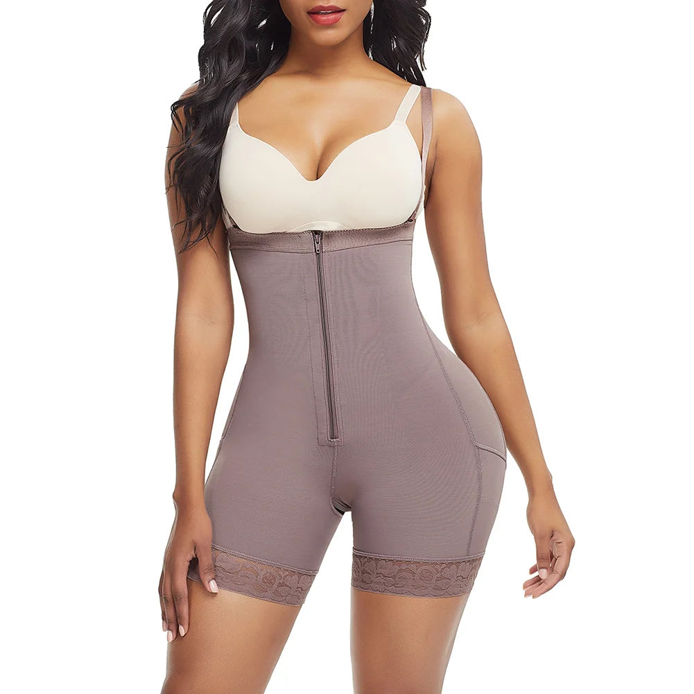 plus-size wireless racerback braCoffee Bodysuit Underbust Zipper