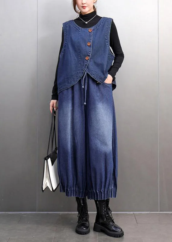 Women's Leather CoatsBoutique Blue O-Neck Button Denim Waistcoat And Crop Pants Two Pieces Set Spring