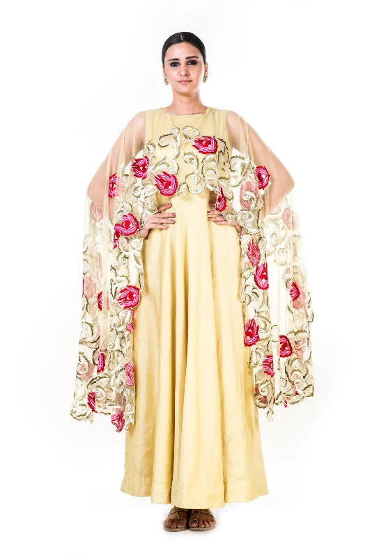 casual trucker hatsEmbroidered Yellow Gown With A Floral Work Cape