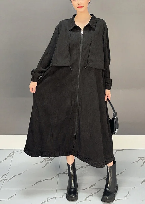 Women's Coats with Fur Trimmed HoodCasual Black Peter Pan Collar Pockets Corduroy Maxi Trench Coats Winter